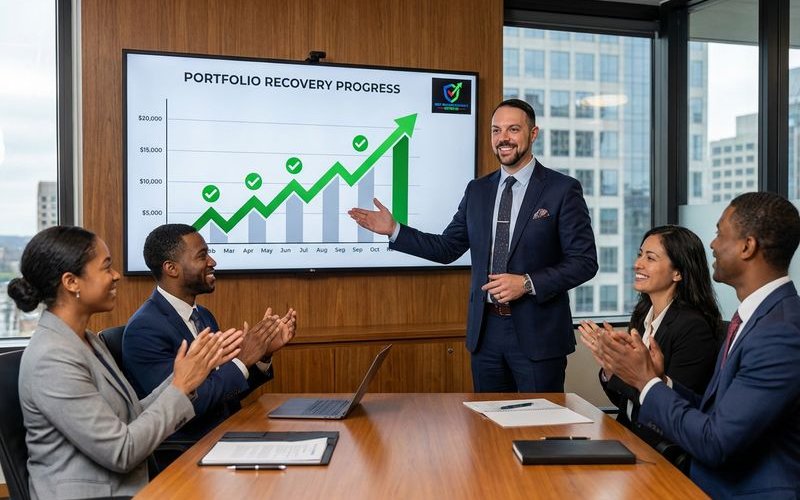 Team meeting reviewing multi-location recovery progress on projector